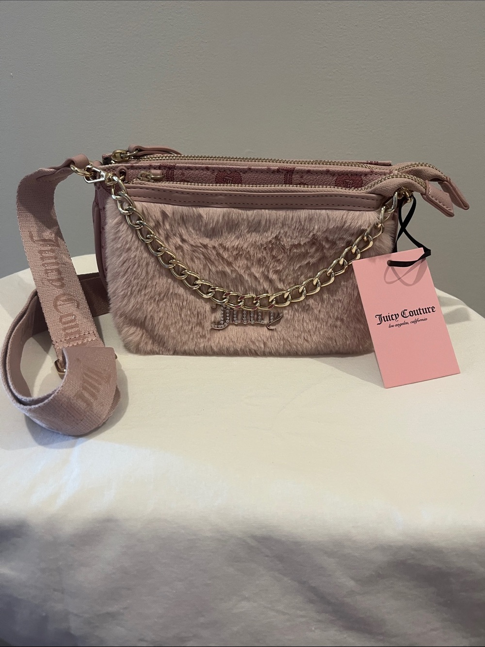 Juicy Couture Blush Pink Faux-Fur Crossbody with Gold Chain